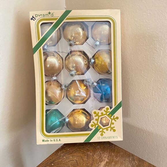 Vintage Pyramid Glass Ornaments Set of 12 Gold Yellow Blue Green Shiny with Box - Picture 1 of 10